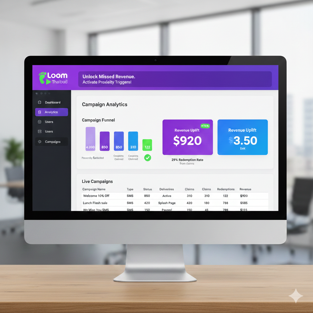 Loom campaign analytics showing funnel, revenue uplift and live campaigns