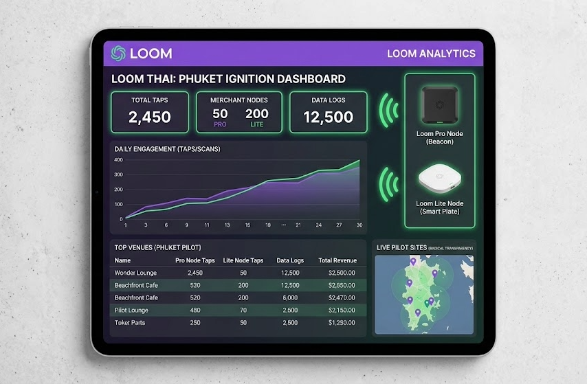 Loom Analytics ignition dashboard showing taps, merchant nodes and venue revenue
