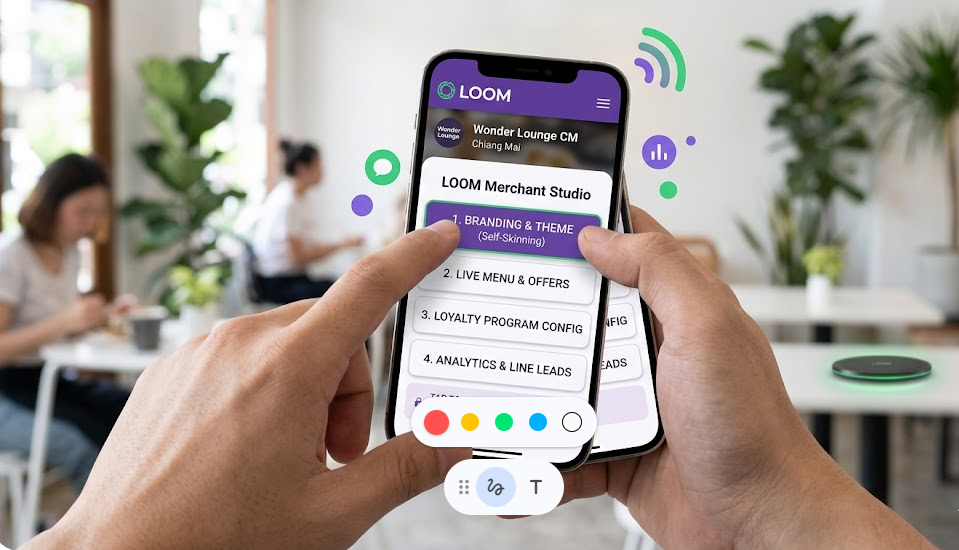 Loom Merchant Studio on a phone with branding, menu, loyalty and analytics options